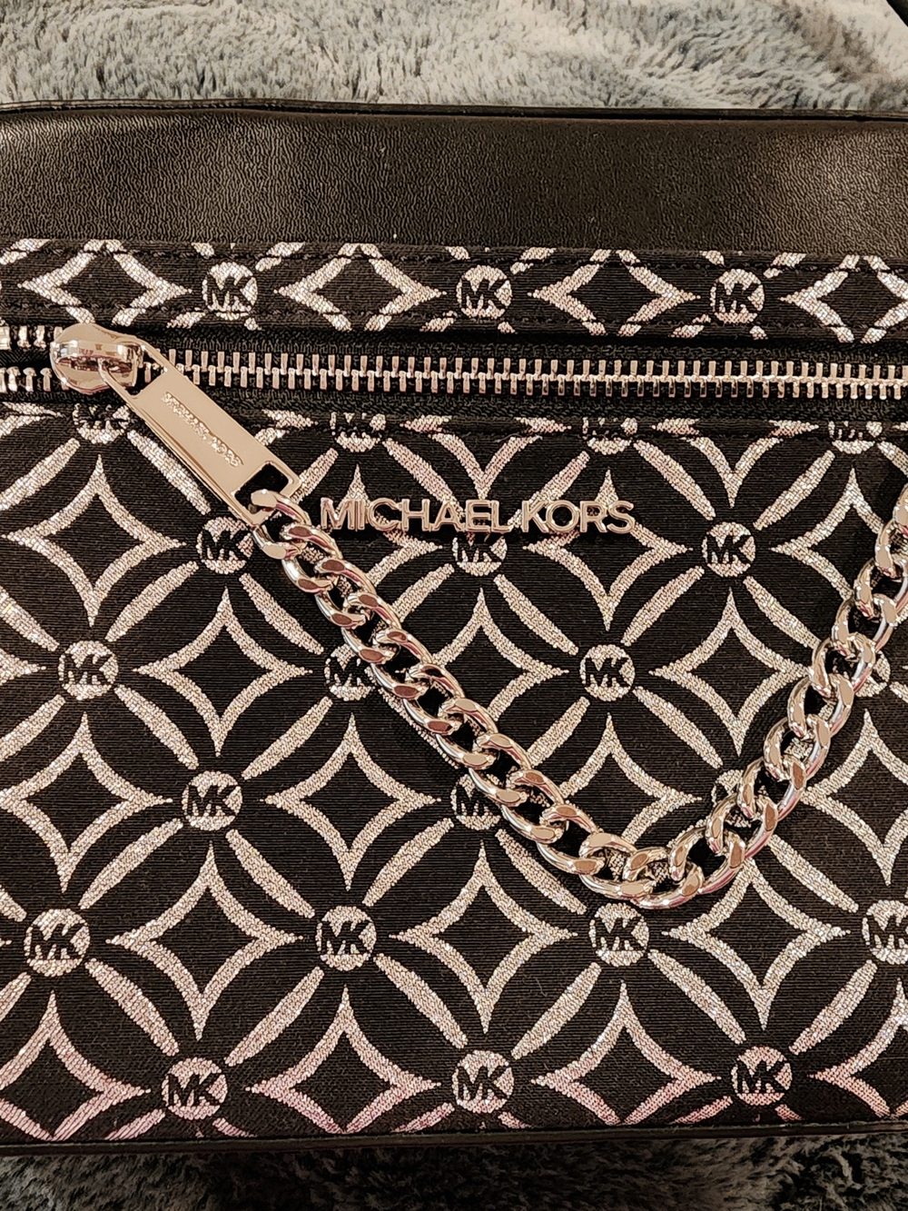 Michael Kors Black and Silver Logo Chain Crossbody Bag